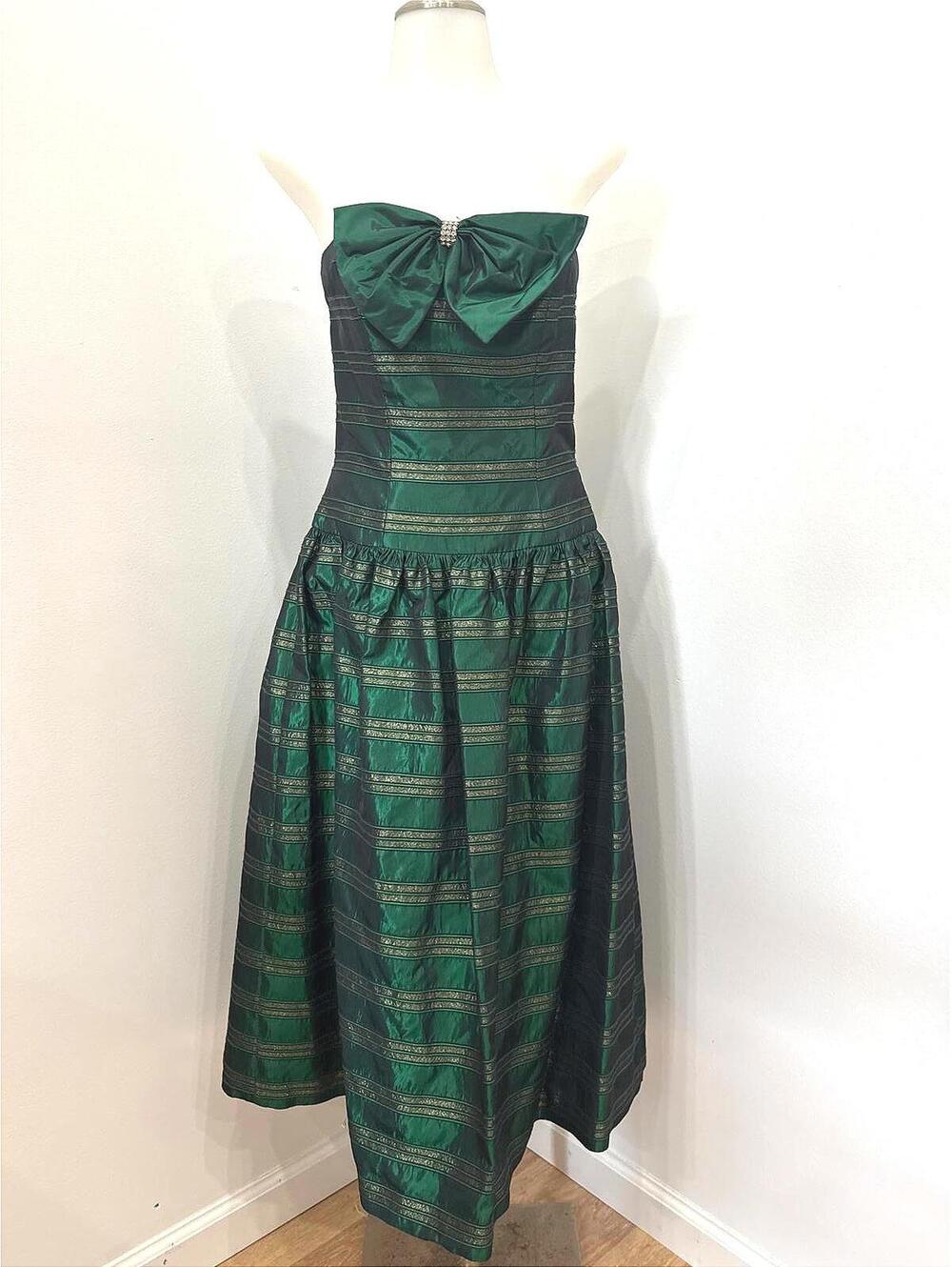 Leslie Fay Evenings Strapless Green Metallic Trim Dress Size 10 Petite